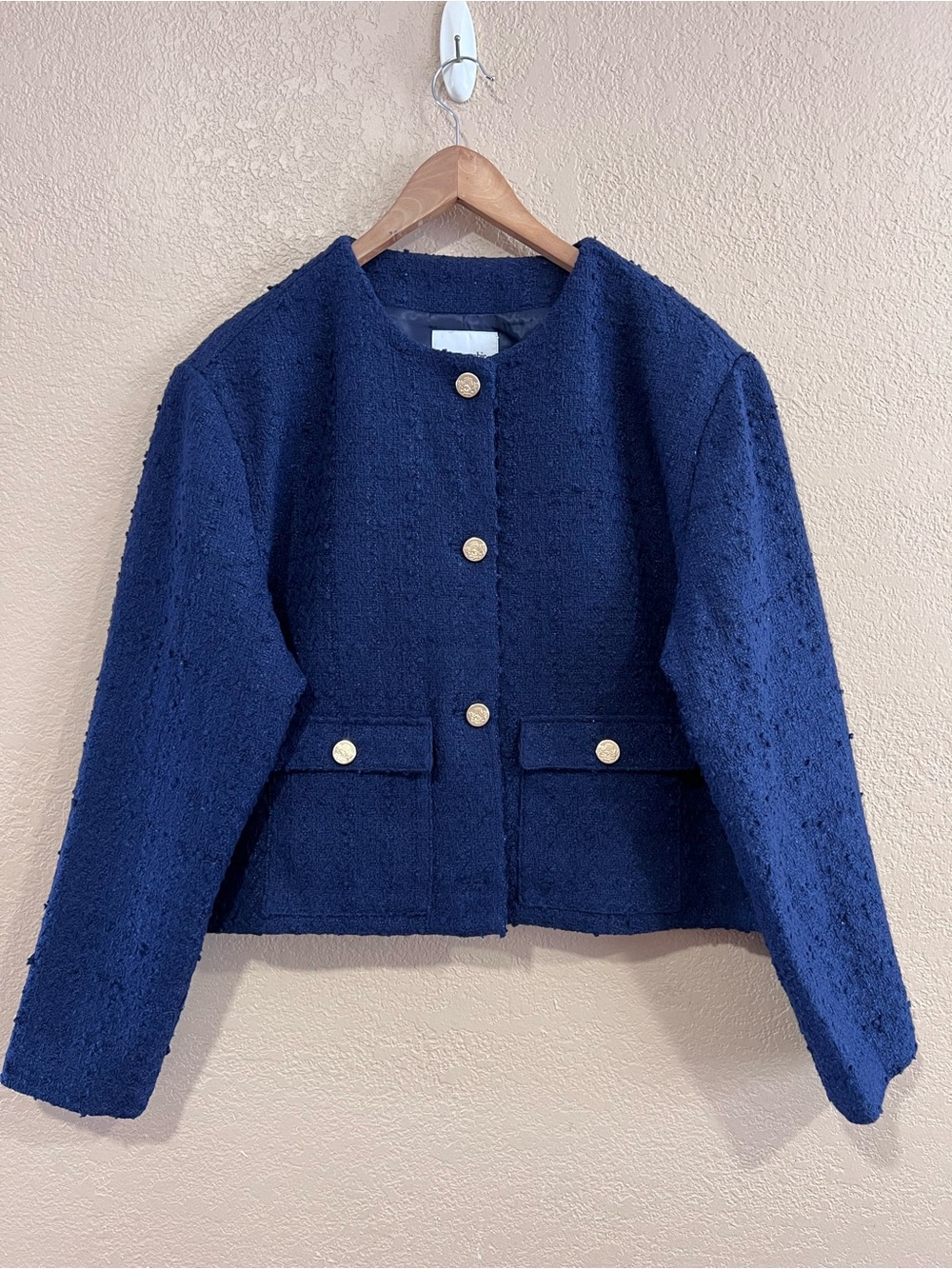 Abercrombie & Fitch Navy Bouclé Jacket with Gold Crest Button